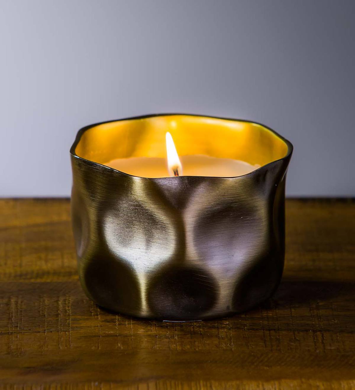 Metal Textured Burnished Holder With Candle