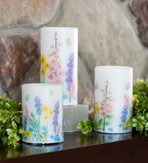 Flameless Pillar Candles with Floral Designs, Set of 3