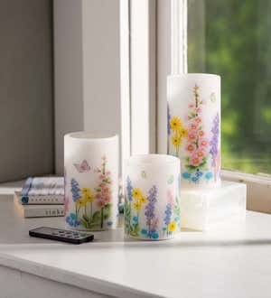 Flameless Pillar Candles with Floral Designs, Set of 3