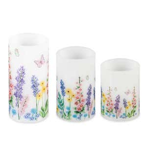 Flameless Pillar Candles with Floral Designs, Set of 3