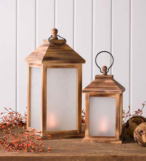 Small Rustic Farmhouse Lantern with Flickering Flame