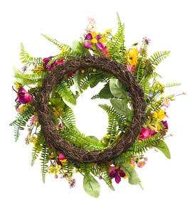 Multicolor Spring Faux Floral Daisy And Fern Wreath With Rattan Base