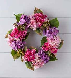 Pink and Purple Faux Hydrangea Flowers Wreath with Rattan Base