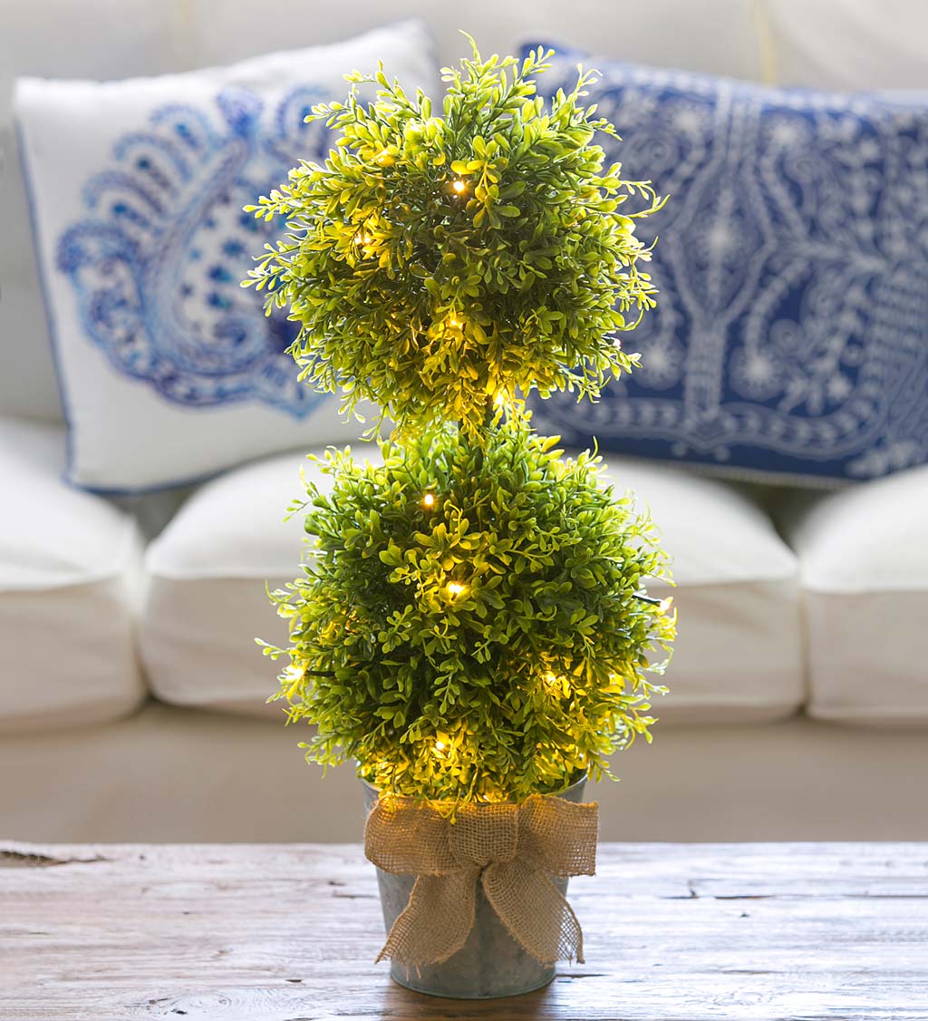 Lighted Faux Boxwood Topiary in Galvanized Pot