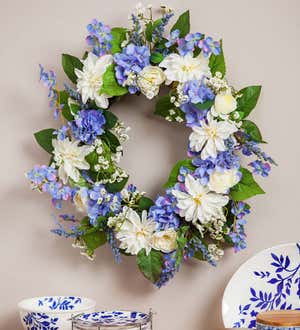 Blue Hydrangea and White Roses Faux Floral Wreath