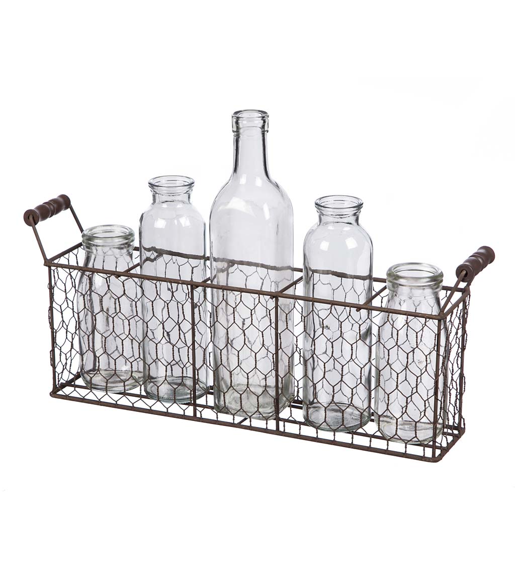 Farmhouse Chicken Wire Basket with Glass Bottles