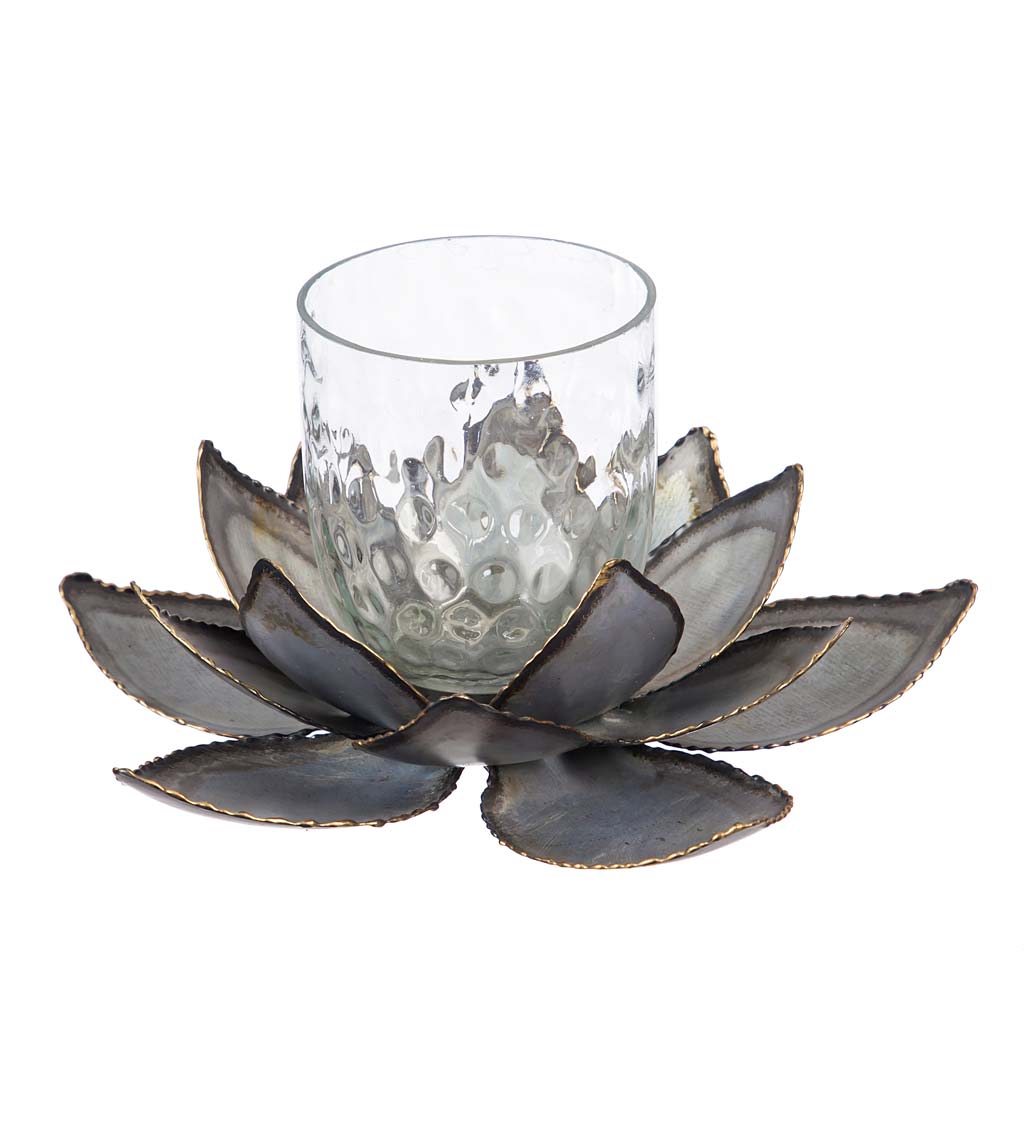 Short Galvanized Metal and Glass Lotus Flower Votive Holder