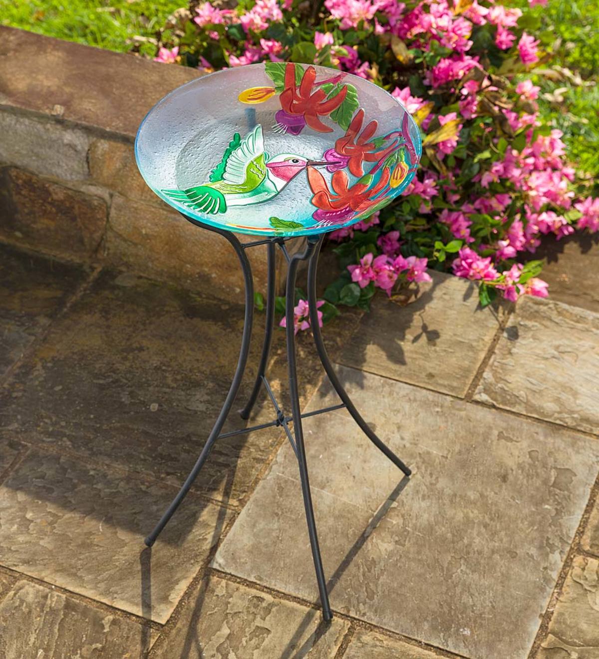 Hummingbird Flutter Glass Birdbath with Metal Hourglass Stand