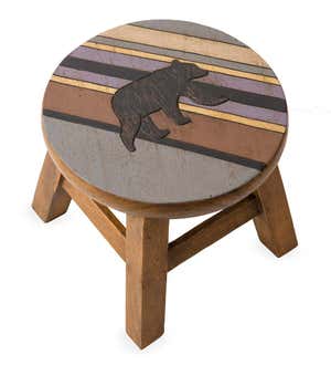 Hand-Carved Acacia Wood Bear with Stripes Footstool
