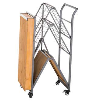 Folding Metal and Wood Serving Cart with Wheels