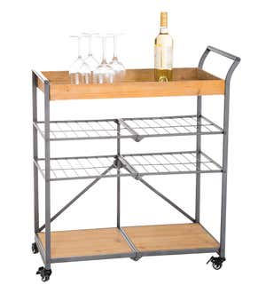 Folding Metal and Wood Serving Cart with Wheels