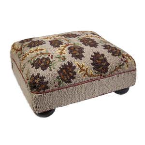 Pine Cone Hand-Hooked Wool and Leather Stool