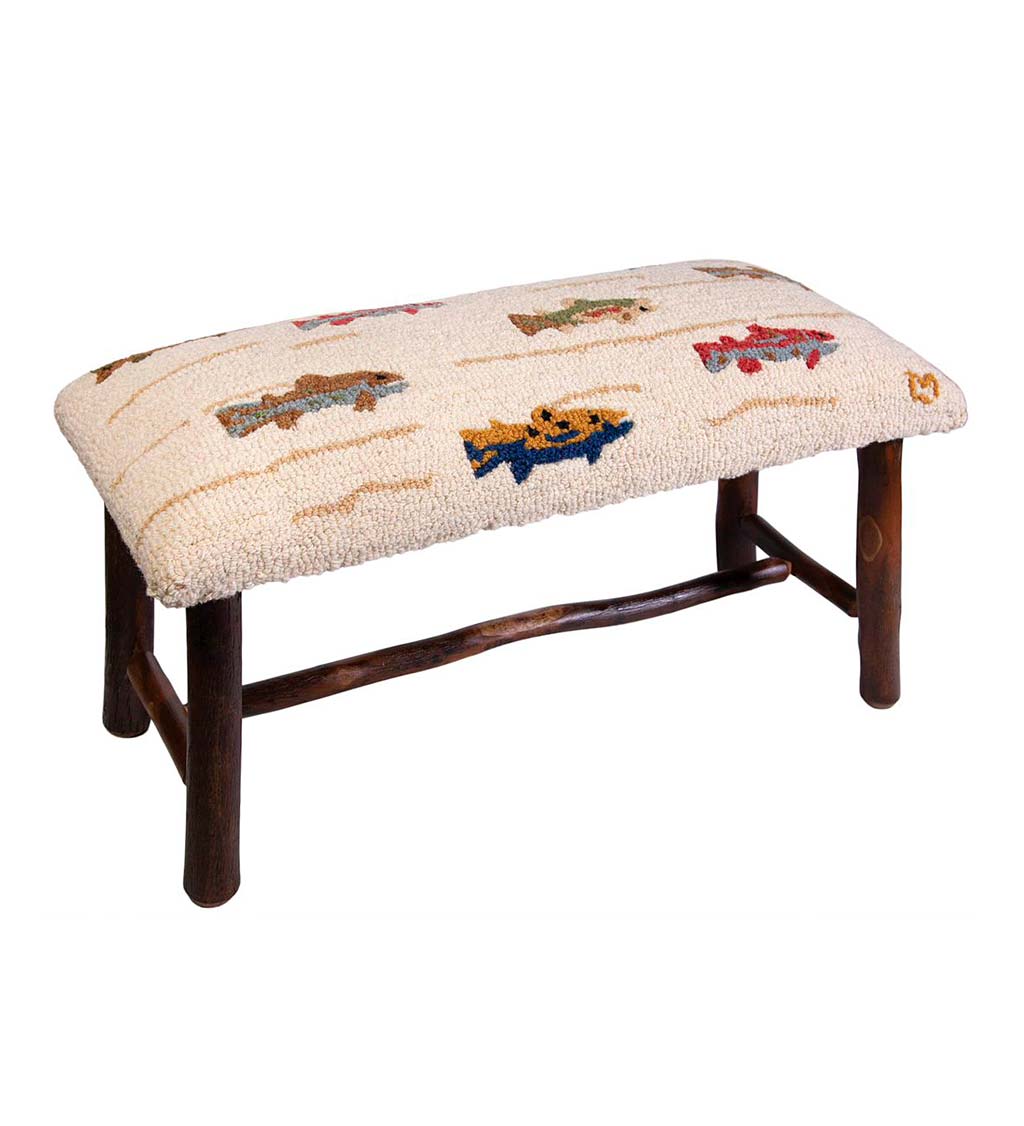 Summer Trout Hand-Hooked Wool and Hickory Wood Bench