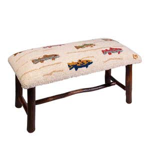 Summer Trout Hand-Hooked Wool and Hickory Wood Bench
