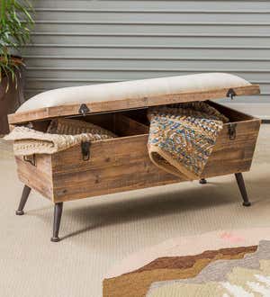 Rustic Wooden Storage Bench with Cushion Top