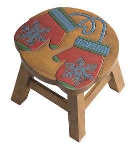 Hand-Carved Wood Winter Fun Footstool