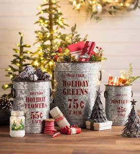 Vintage Style Holiday Galvanized Metal Buckets, Set of 3