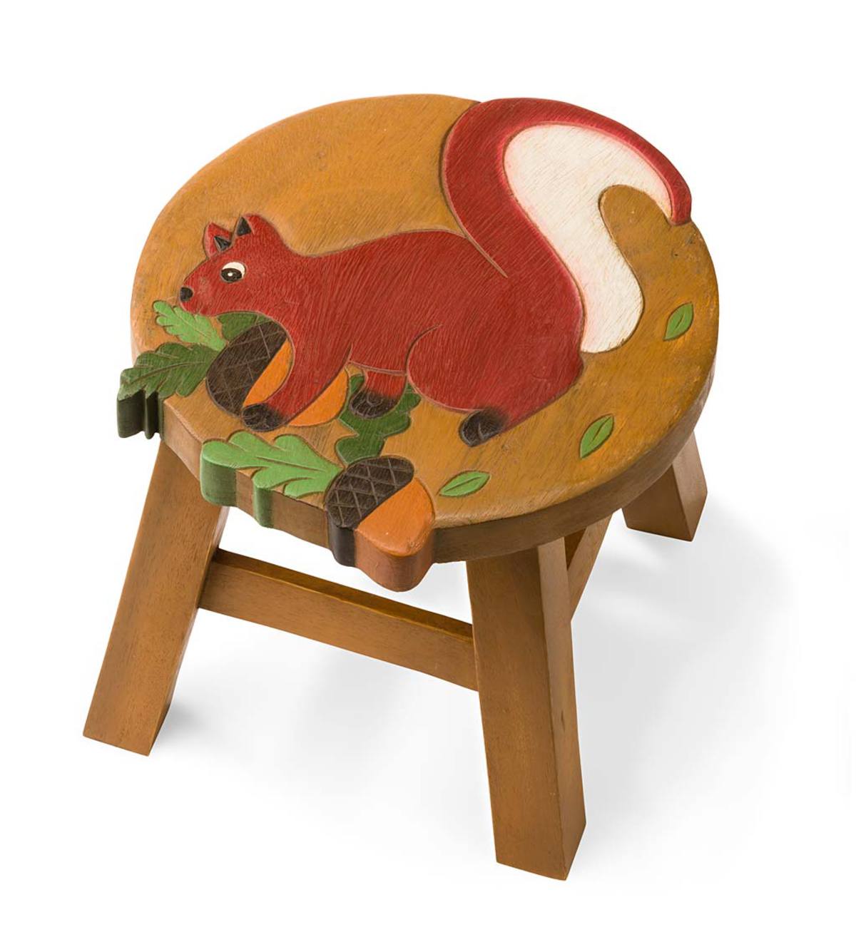 Hand Carved Acacia Wood Squirrel Footstool