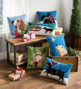 Hooked Wool Dachshund with Lights Holiday Throw Pillow