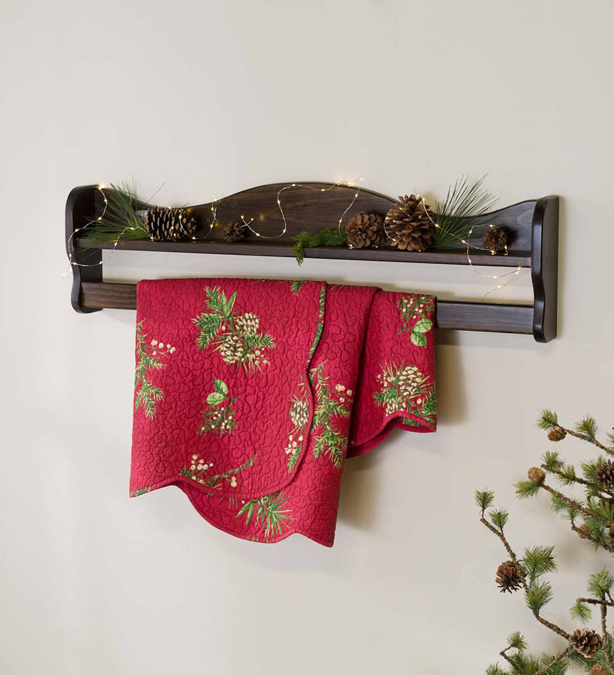 Hanging Wall Mount Wood Quilt Rack with Shelf, 36"L