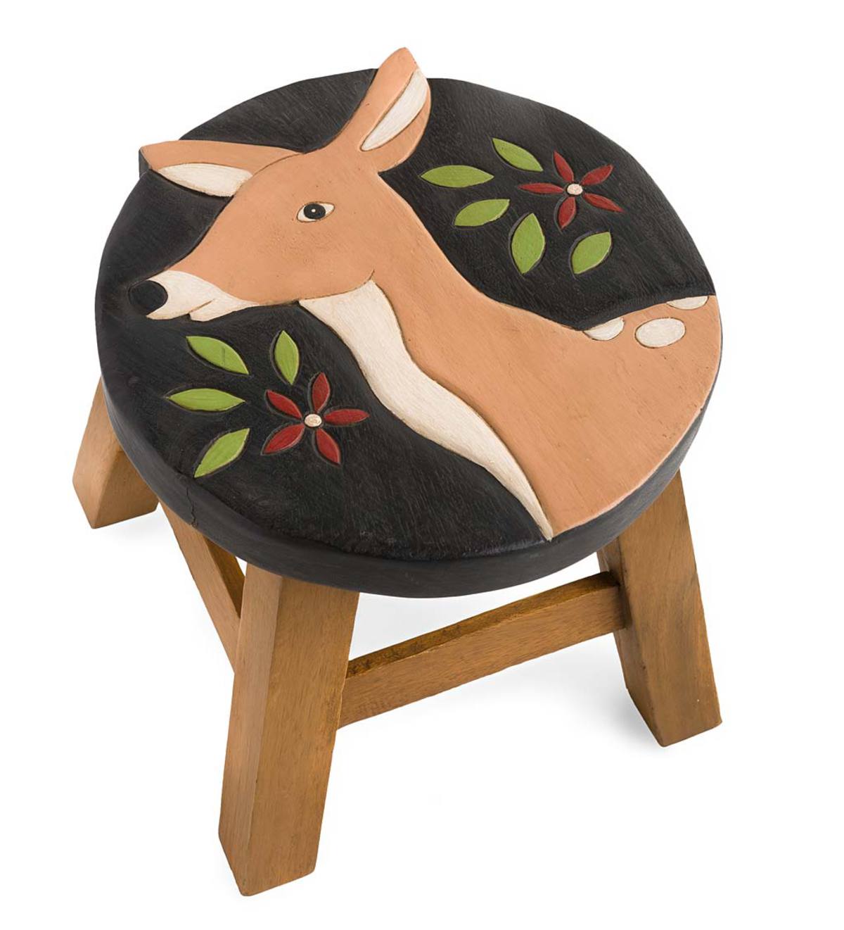 Hand-Carved Wood Deer Footstool