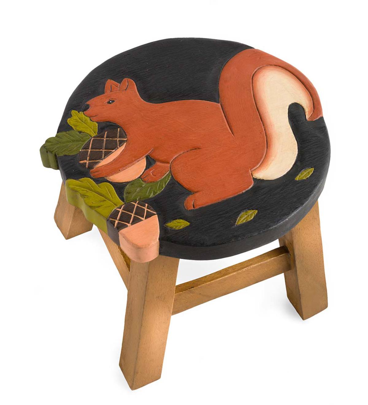 Hand-Carved Wood Squirrel Footstool