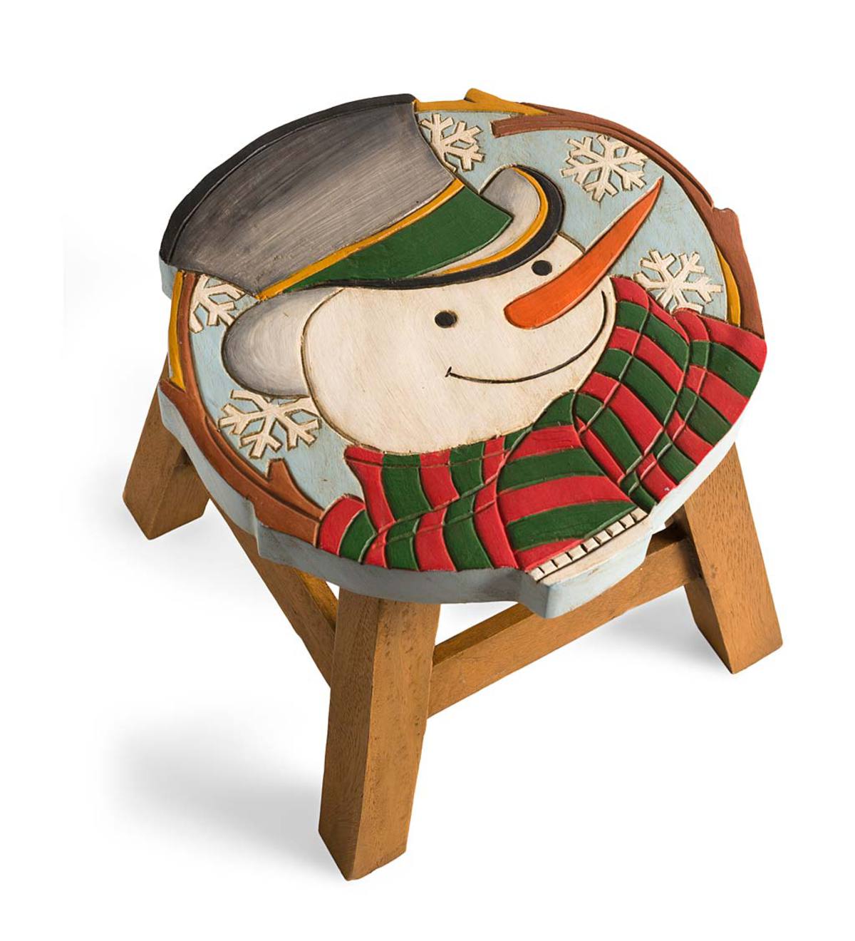 Hand-Carved Wood Snowman Footstool