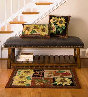 Canyon Black Leather and Wood Bench with Slatted Bottom Shelf