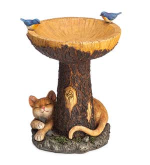 Forty Winks Tree Stump Birdbath with Cat and Bluebirds