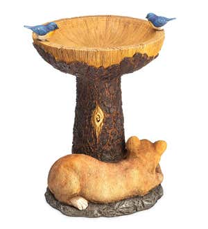 Forty Winks Tree Stump Birdbath with Cat and Bluebirds