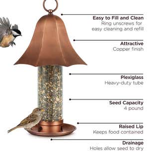 Copper-Colored Metal Bell Bird Feeder with Clear Seed Tube