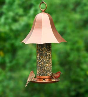 Copper-Colored Metal Bell Bird Feeder with Clear Seed Tube