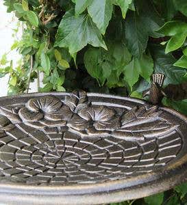 Floral Cobblestone Standing Metal Birdbath on Pedestal