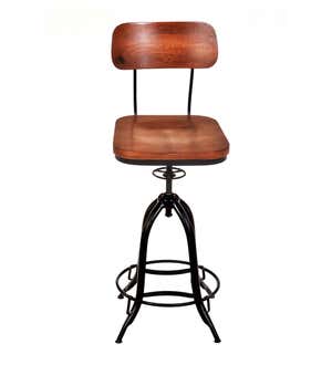 Deluxe Adjustable-Height Wood and Metal Stool with Back Rest - Chestnut