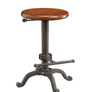 Industrial-Style Adjustable-Height Wood and Metal Stool - Chestnut