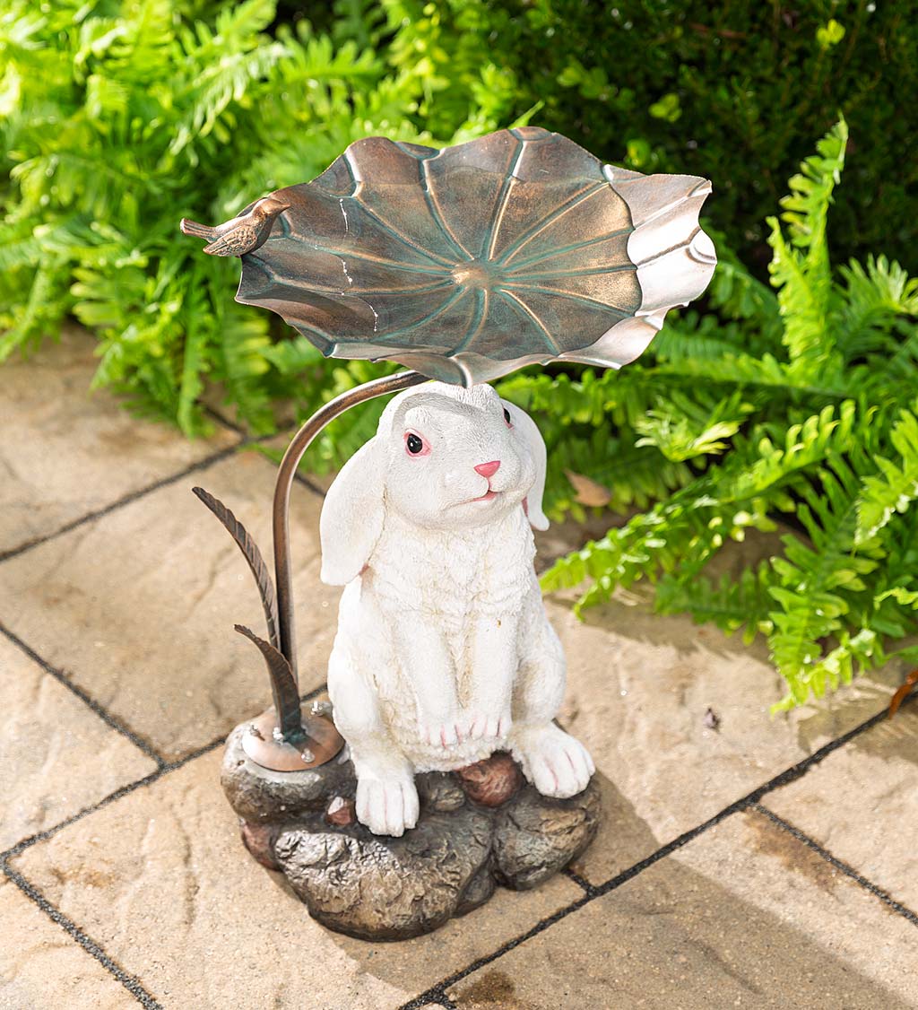 Stone-Look Bunny Birdbath with Metal Leaf Basin