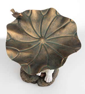 Stone-Look Bunny Birdbath with Metal Leaf Basin