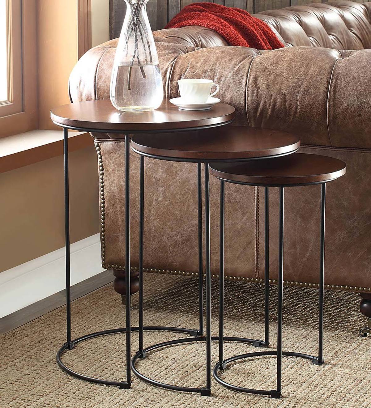 3-Piece Industrial Style Round Metal and Wood Nesting Tables