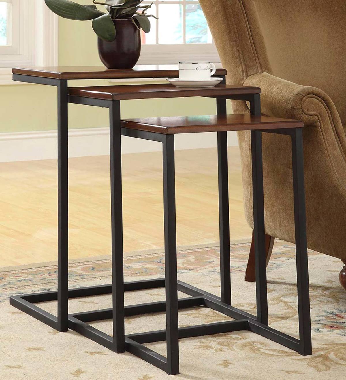 3-Piece Industrial Style Rectangular Metal and Wood Nesting Tables