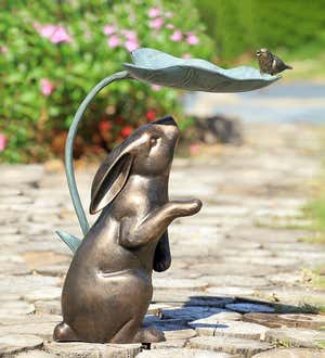 Handcrafted Cast Aluminum Rabbit and Leaf Bird Feeder