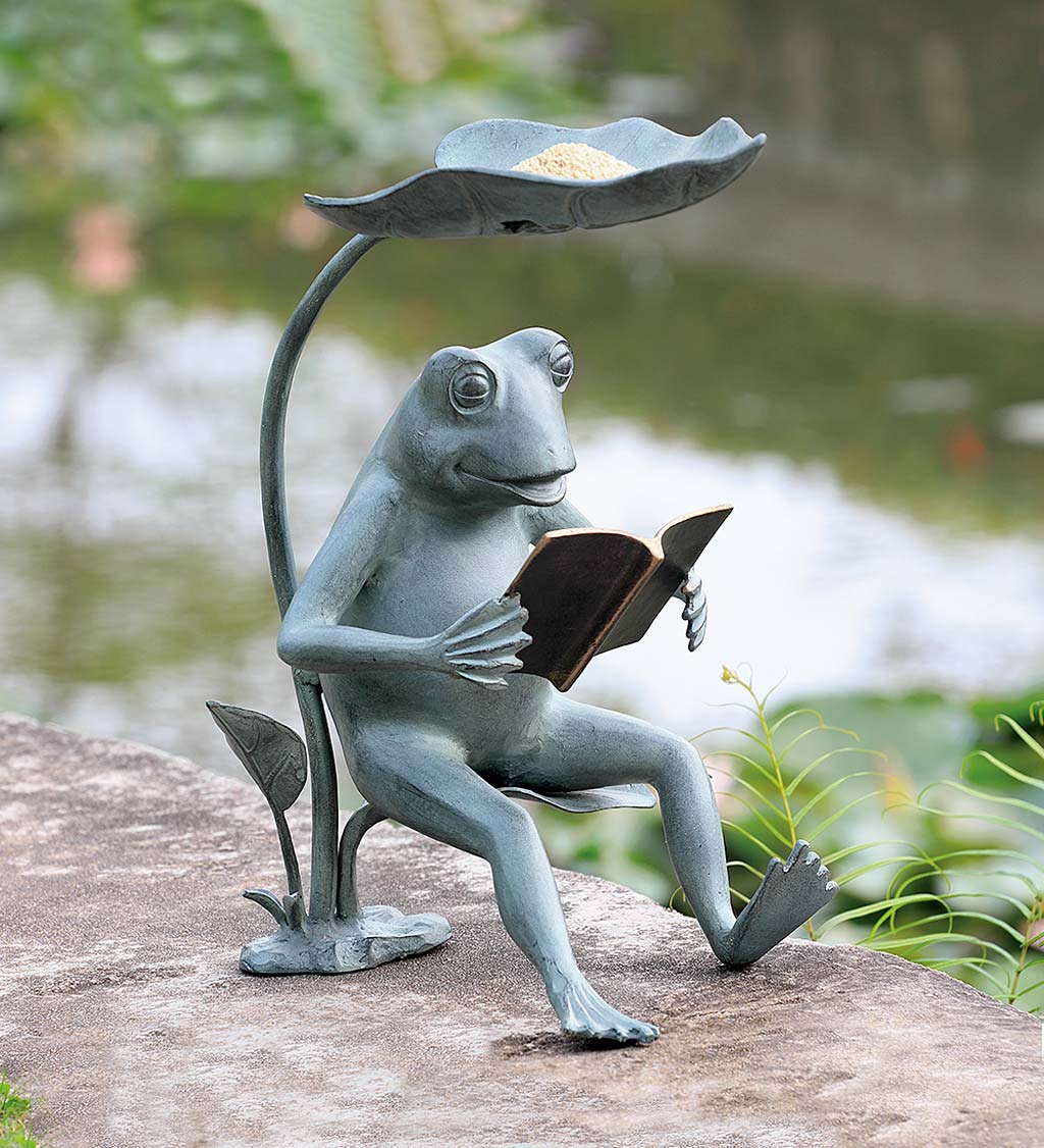 Handcrafted Aluminum Reading Frog Bird Feeder with Solar Light