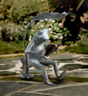 Handcrafted Aluminum Reading Frog Bird Feeder with Solar Light