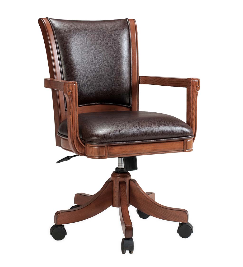 Braswell Adjustable Height Game Chair with 360 Swivel in Medium Brown Oak and Bonded Dark Brown Leather