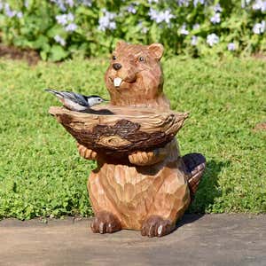 Carved Resin Beaver Birdbath Garden Accent