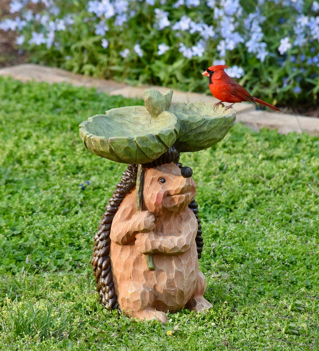 Carved Resin Hedgehog Birdbath Garden Accent