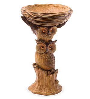 Carved Resin Owls Birdbath Garden Accent