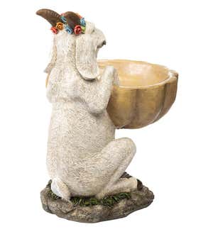 Goat With Floral Crown Carved Birdbath