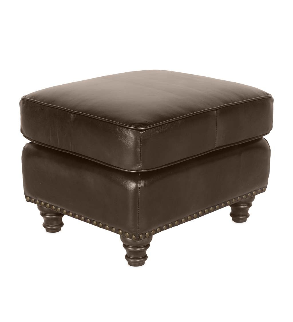 Beaumont Leather Ottoman with Nailhead Trim - Dark Tobacco