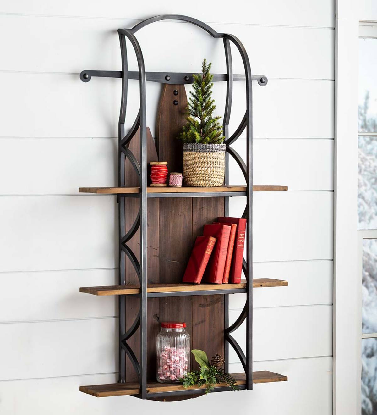 Hanging Wood and Metal Sled Wall Shelf