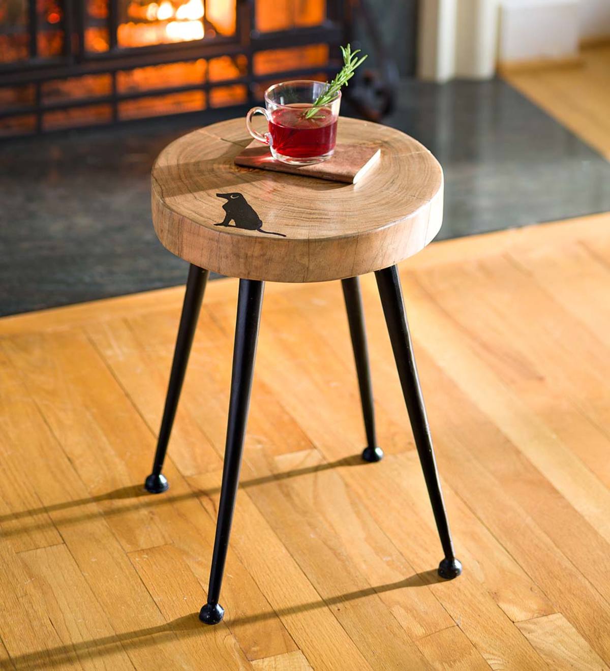 Reclaimed Wood and Iron Footstool with Black Labrador